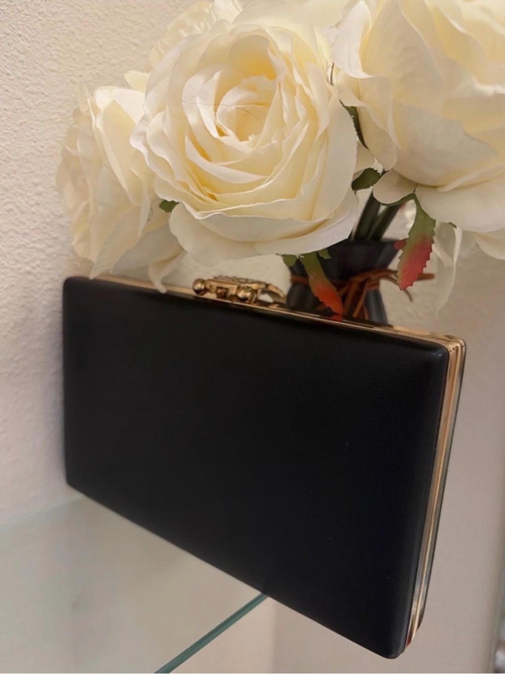 Black Evening Clutch with Gold Crystal Ring Accent - Picture 8 of 8